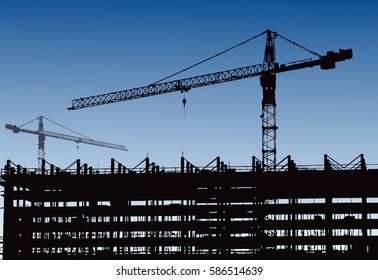 Industrial machinery and the construction crane. Cranes and skyscraper under construction, city skyline at sunset, sunrise Building under Construction site. Vector illustration.