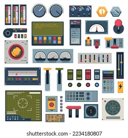 Industrial machinery and equipments parts, isolated buttons and pushers, blocks and radars measuring and showing result. Scale and equalizer. Machines at factory, panels.Vector in flat style