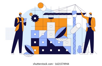 Industrial machinery flat vector illustration. Heavy equipment at ecological construction site. Eco friendly building project. Builder in helmet cartoon character on white background