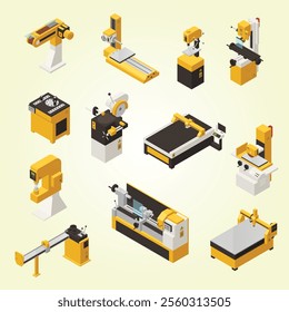 Industrial machinery icons set with technology symbols isometric isolated