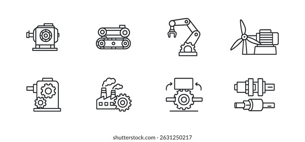 Conjunto de ícones de linha de máquinas industriais - símbolos de contorno, fabricação e equipamentos