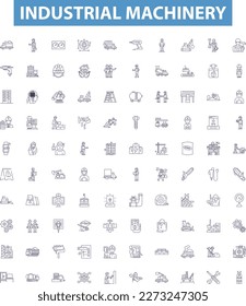 Industrial machinery line icons, signs set. Machinery, Industrial, Equipment, Factories, Manufacturing, Lathes, Mills, Automation, Tools outline vector illustrations.