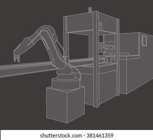 industrial machinery and robotic arm, factory automation, line drawing illustration, vector