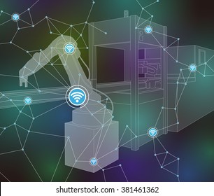 industrial machinery and robotic arm, wireless network, internet of things, factory automation, line drawing illustration, vector