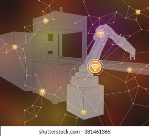 industrial machinery and robotic arm, wireless network, internet of things, factory automation, line drawing illustration, vector