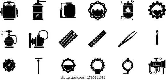 Industrial machinery tool vector icons collection in black silhouette style