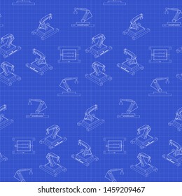 Industrial machines 3D vector. Seamless pattern with robots . Technology blueprint.