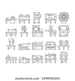 Industrielle Maschinen Kollektion Icons Set Vektor. Heißpressen und hydraulische Presse, Bohr- und Schlitzmaschinen, Bandsäge und Serigraphie schwarze Konturendarstellungen