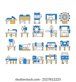 Industrielle Maschinen Kollektion Icons Set Vektor. Heißpressen und hydraulische Presse, Bohr- und Schlitzmaschinen, Bandsägen- und Serigraphie-Farbkonturillustrationen