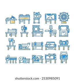 Industriemaschinen doodle Symbole setzen Vektor. Skizze Linie Kunst Heißpressen und hydraulische Presse, Bohr-und Schlitzmaschinen, Bandsäge und Siebdruck Farbabbildungen