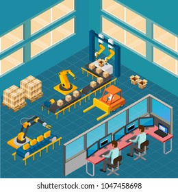 Industrial machines isometric composition with indoor view of shop floor with packaging conveyor and operating console vector illustration