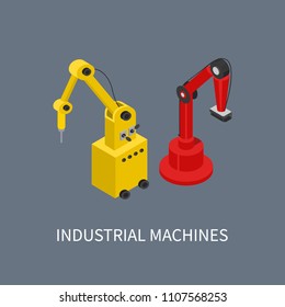 Industrial machines using for smart production, vector illustration of modern robots with abstract arms and special nozzles for different operations