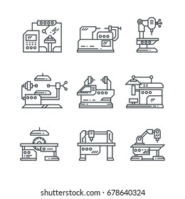 Ícones de linha vetorial de máquinas industriais. Símbolo de máquinas-ferramentas de fábrica. Máquina de fábrica para indústria, ilustração de máquinas de equipamentos