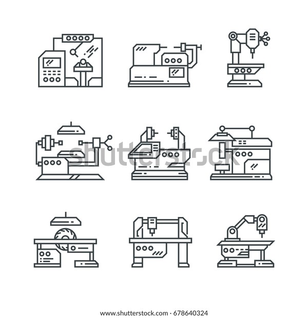 工業機械のベクター画像線のアイコン ファクトリ工作機械のシンボル 工業用の工場機械 設備機械のイラスト のベクター画像素材 ロイヤリティフリー