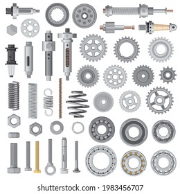 Industrial machines and vehicles vector spare parts. Vector bolts, nuts and anchors, springs and washers, car, motorcycle or bicycle transmission cog wheels, ball bearings and shock absorbers