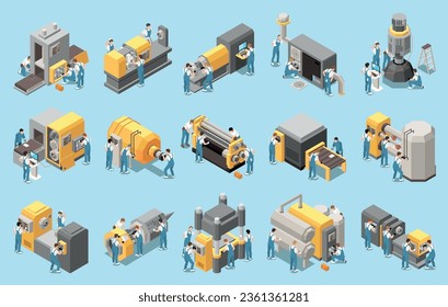 Industrial maintenance engineer technician isometric icon set with installation and configuration of complex equipment vector illustration