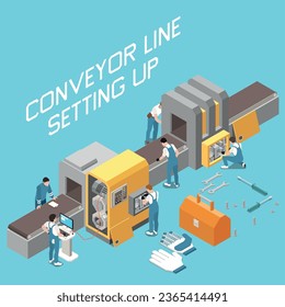 Industrial maintenance engineer technician isometric colored composition with conveyor line setting up vector illustration