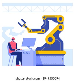 Industrial maintenance. Robotics expert. Factory automated machine hand repairing. Manufactory male worker in hard hat. 2D cartoon  flat vector illustration character.