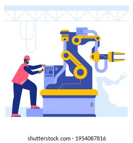 Industrial maintenance. Robotics expert. Factory automated machine hand repairing. Manufactory male worker in hard hat. 2D cartoon  flat vector illustration character.