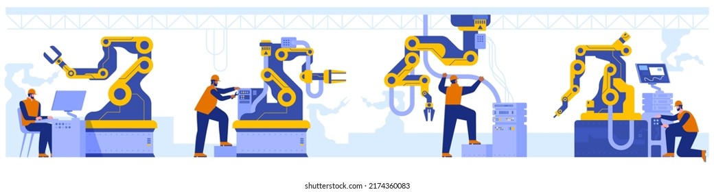 Industrial maintenance. Robotics experts vector illustration. Factory equipment. Man repairing automated machine hand. Manufactory male workers in hard hat 2D cartoon characters for commercial use