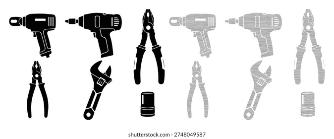 Industrial maintenance tools silhouette collection featuring power drills and hand equipment