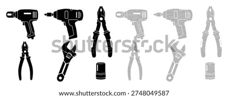 Industrial maintenance tools silhouette collection featuring power drills and hand equipment