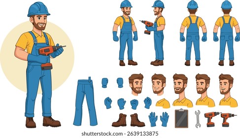 Industrial maintenance worker wearing helmet, overall uniform holding drill tool. Character for animation. Front, side and back view set. Body parts, postures, poses collection.
