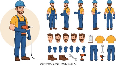 Industrial maintenance worker wearing helmet, overall uniform holding drill tool. Character for animation. Front, side and back view set. Body parts, postures, poses collection.