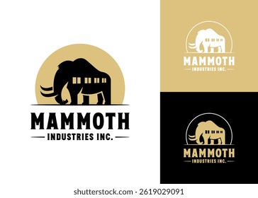 Industrial Mammoth silhouette or mammoth with warehouse or factory logo design