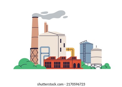 Industrial manufacturing building  Heavy industry factory  Abstract production plant structure and smoke from towers  storage tanks  reservoirs  Flat vector illustration isolated white background
