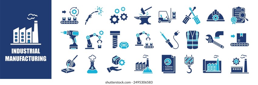 Conjunto de colecciones de iconos de Industrial Manufacturing. Contiene diseño, industria, tecnología, fábrica, ingeniería, producción y más. Iconos de vector sólido colección.	