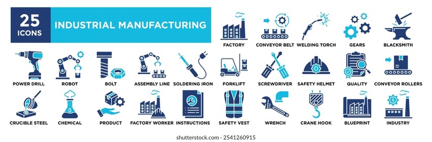 Conjunto de coleta de ícones do Industrial Manufacturing. Contendo indústria de design, tecnologia, fabricação, fábrica, industrial	