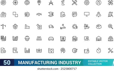 Industrial Manufacturing icon set for design elements. Engineering, Production activities. Editable stroke. Vector illustration.