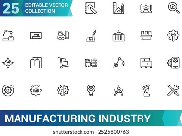 Symbolsatz für die industrielle Fertigung von Designelementen. Ingenieurwesen, Produktion. Bearbeitbarer Strich. Vektorgrafik.