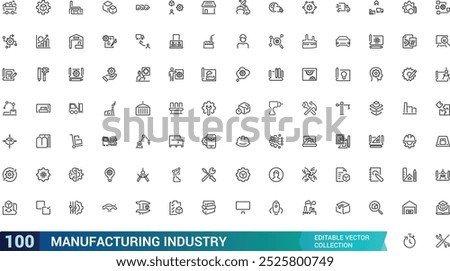 Industrial Manufacturing icon set for design elements. Engineering, Production activities. Editable stroke. Vector illustration.