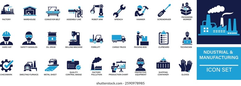 industrial and Manufacturing icon set Factory, Warehouse, Conveyor belt, Assembly line, Robot arm, Gear, Wrench, Hammer, Screwdriver, You can easily change the color.