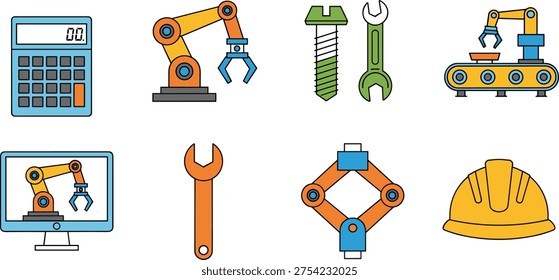 Industrial manufacturing icon set featuring robotic arm, calculator, screw, wrench, conveyor belt, computer monitor, mechanical jack, and yellow hard hat, vector.