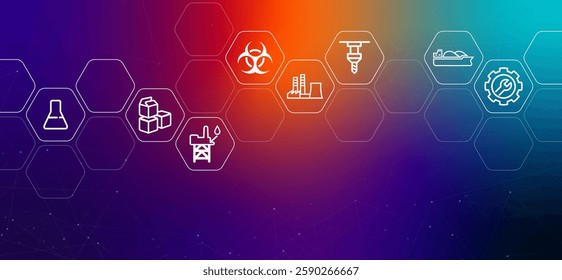 Industrial manufacturing lean production engineering, equipment maintenance and safety compliance production planning gradient header construction wrench gear chemical material helmet safety icon