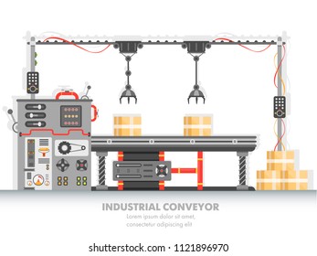 Industrial manufacturing line with automated process. Horizontal belt for packaging and distribution. Machinery and manufacture, engineering, modern plant and futuristic factory theme