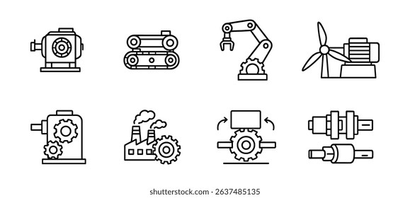 Industrial, manufacturing line icon set. machinery and factory lineart collection