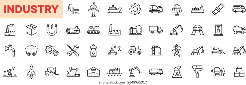 Industrial and Manufacturing Line Icon Set Featuring Factories, Gears, Construction Vehicles, Energy Equipment, Oil Rigs, Tools, Pipes, Power Plants, and Robotics Icon Design