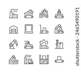 Industrial Manufacturing, linear style icon set. Factory buildings and infrastructure. Conveyors, pipelines, assembly lines and machinery components. Product output and robotics. Editable stroke width