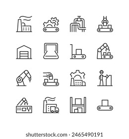 Industrial Manufacturing, linear style icon set. Factory buildings and infrastructure. Conveyors, pipelines, assembly lines and machinery components. Product output and robotics. Editable stroke width