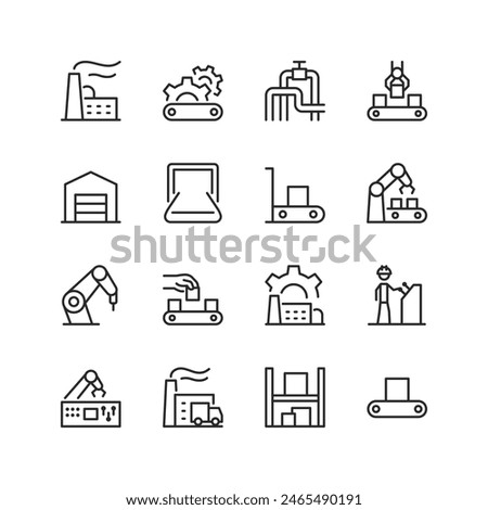 Industrial Manufacturing, linear style icon set. Factory buildings and infrastructure. Conveyors, pipelines, assembly lines and machinery components. Product output and robotics. Editable stroke width