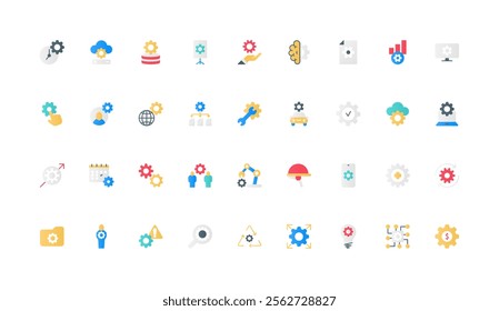 Industrial manufacturing, machinery and process control color icon set with gears. Factory production and automation of engineering, autonomous robot and engineer flat elements vector illustration