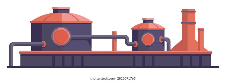Industrial manufacturing plant facility featuring large metallic storage tanks connected by intricate piping systems with tall brick chimneys in a clean flat graphic design style isolated on white background surface