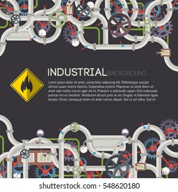 Industrial manufacturing poster with text connected pipes valves mechanisms taps gear on dark background vector illustration