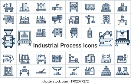 Industrial manufacturing process icons, industrial robot in production line icons set