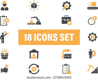 Conjunto de Ícones do Processo Industrial e de Fabricação. relacionado ao processo industrial e de fabricação. 
Incluindo indústria, fabricação, trabalhadores, máquinas e processos de produção.