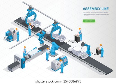 Industrial Manufacturing Production Line Equipment Isometric Composition With Car Assembling Conveyor Operators Controlling Robotic Arms Vector Illustration 